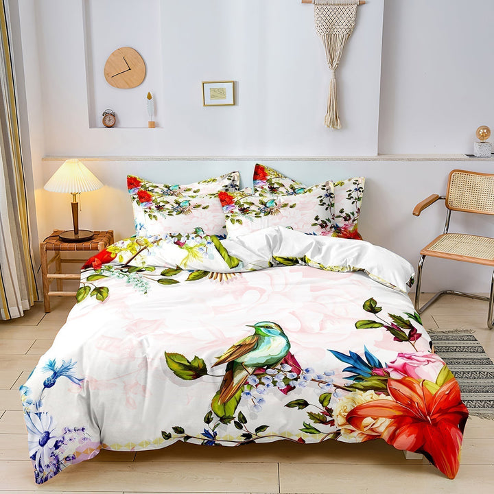 Blomster- og Fuglemønster Duvet Cover Sæt i 100% Bomuld