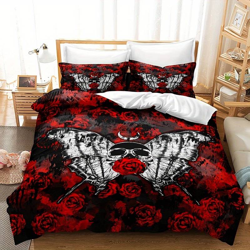 Skull og Rose Duvet Cover Sæt i Mikrofiber