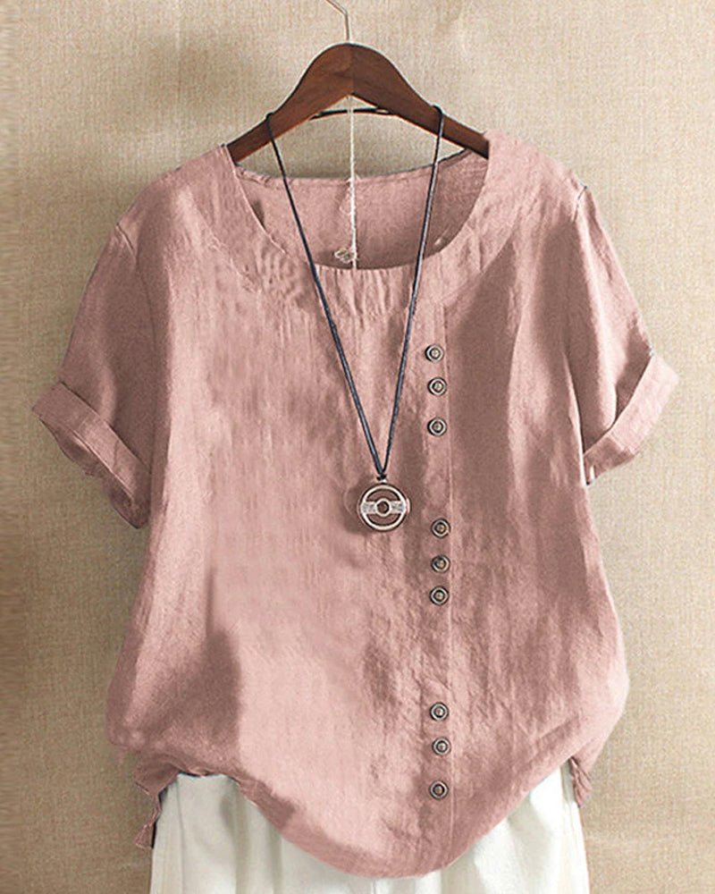 Linned | Kvinders Knappet Front Crew Neck Kort Ærmet Casual Top