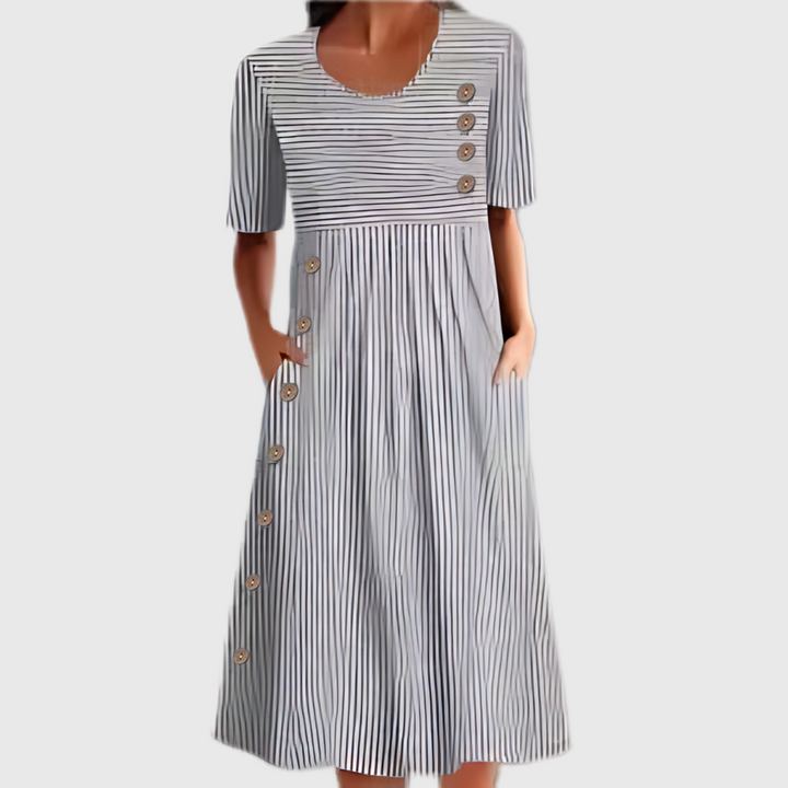 Kay™ | Stribet Midi Kjole Med Knapper
