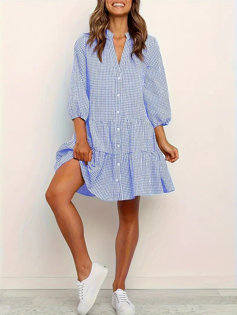 Rosie | Kvinders Gingham Print Knappet Mini Kjole 3/4 Ærmer
