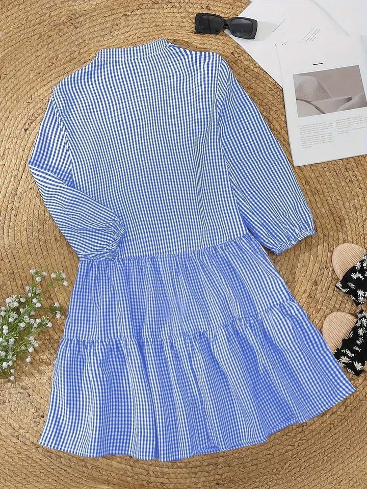 Rosie | Kvinders Gingham Print Knap-Down Mini Kjole 3/4 Ærme