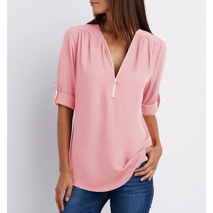 Rosé | Kvinders Casual Bluse med Lynlås, V-Hals og Halv Ærme