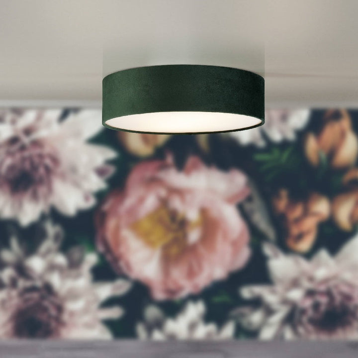 Grøn Velvet Rund Flush Trommel Lys med Opal Diffuser