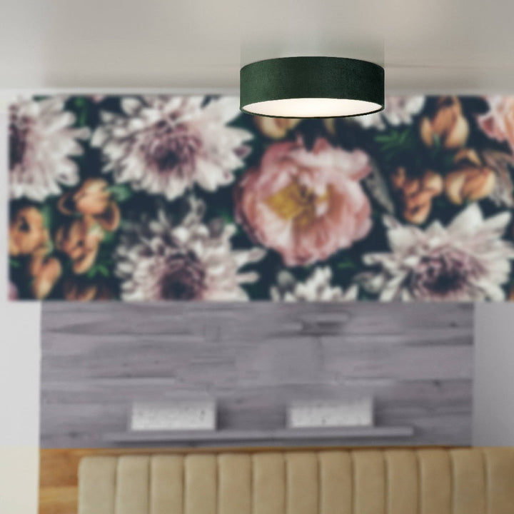 Grøn Velvet Rund Flush Trommel Lys med Opal Diffuser