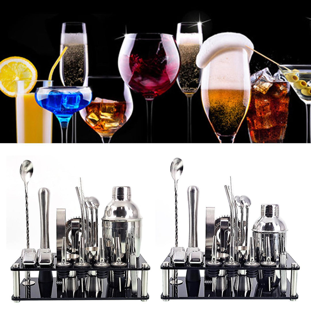Cocktailshaker sæt i rustfrit stål med bambusstativ og 23 barværktøjer