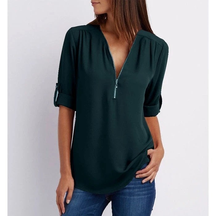 Rosé | Kvinders Casual Bluse med Lynlås, V-Hals og Halv Ærme