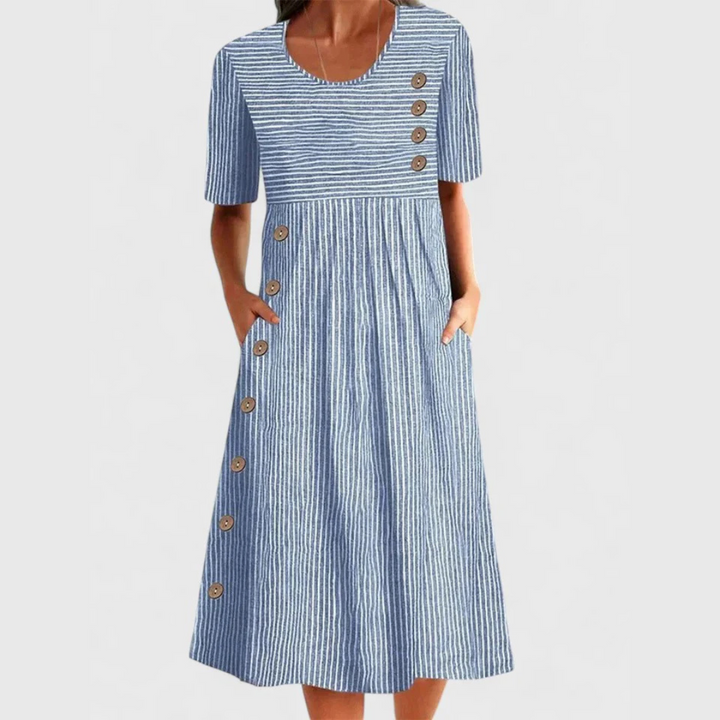 Kay™ | Stribet Midi Kjole Med Knapper