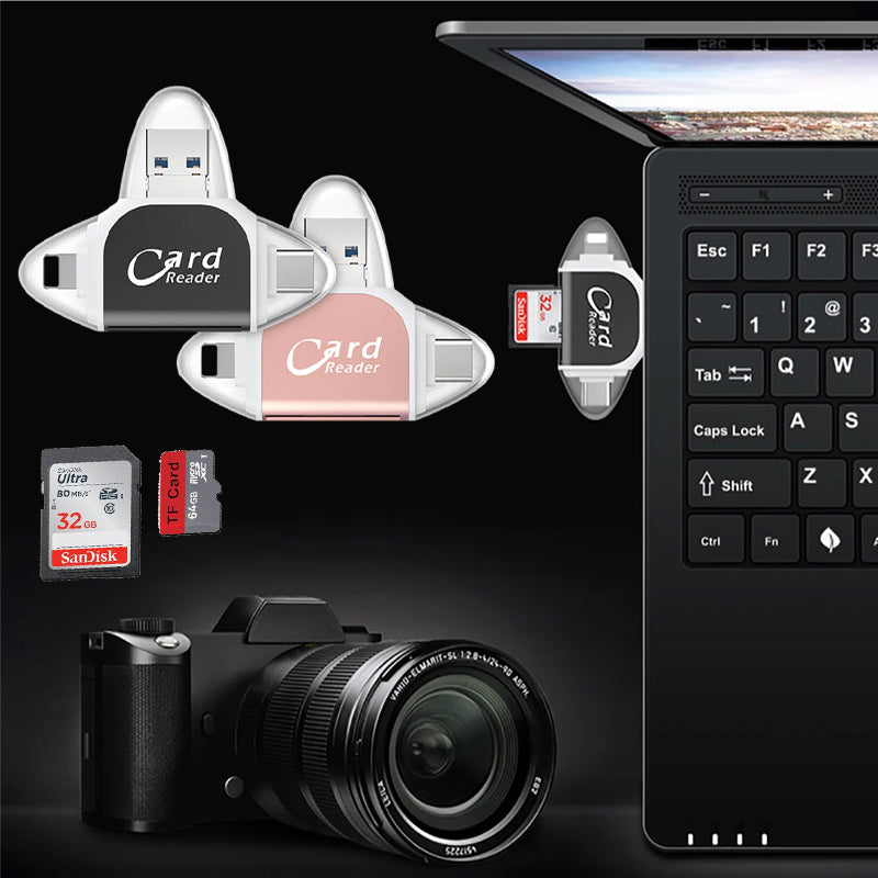 4-i-1 Kortlæser med USB, USB-C, Micro USB og Lightning
