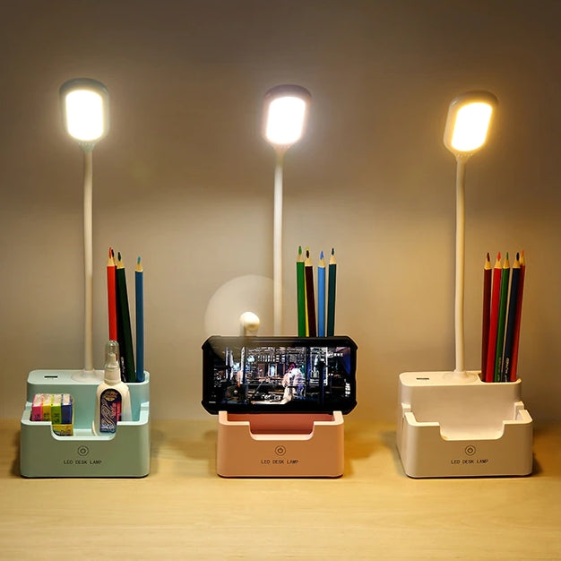 Genopladelig Skrivebordslampe med Telefonholder og Justerbar Lysstyrke