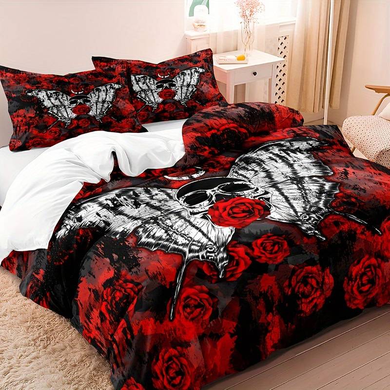 Skull og Rose Duvet Cover Sæt i Mikrofiber