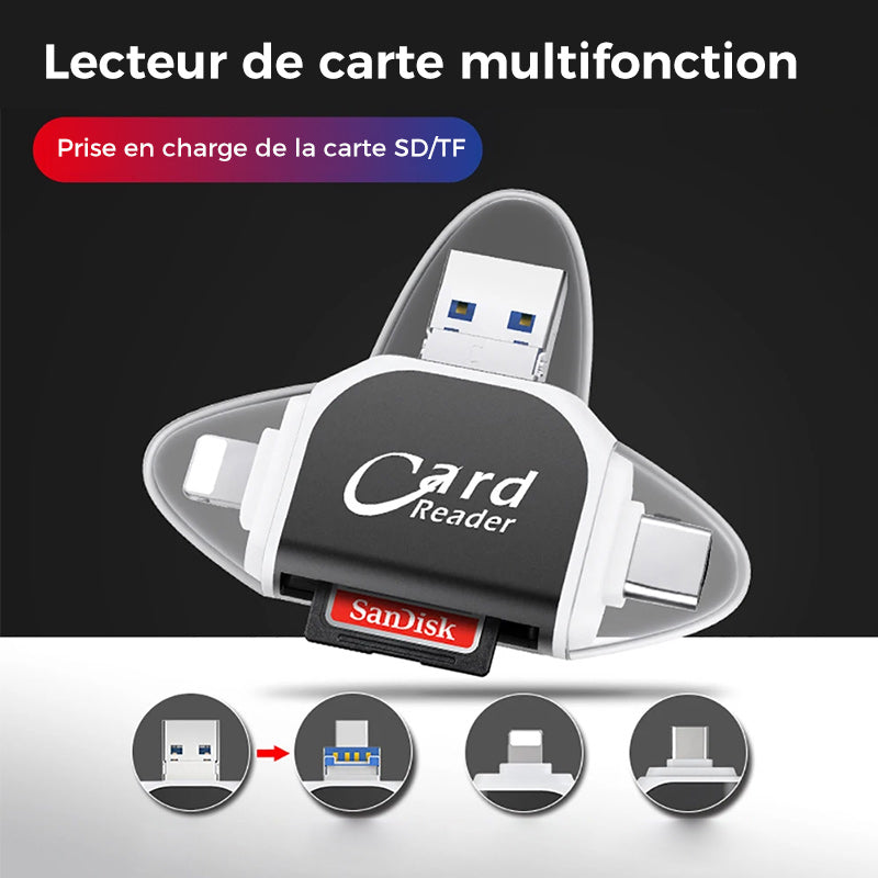 4-i-1 Kortlæser med USB, USB-C, Micro USB og Lightning
