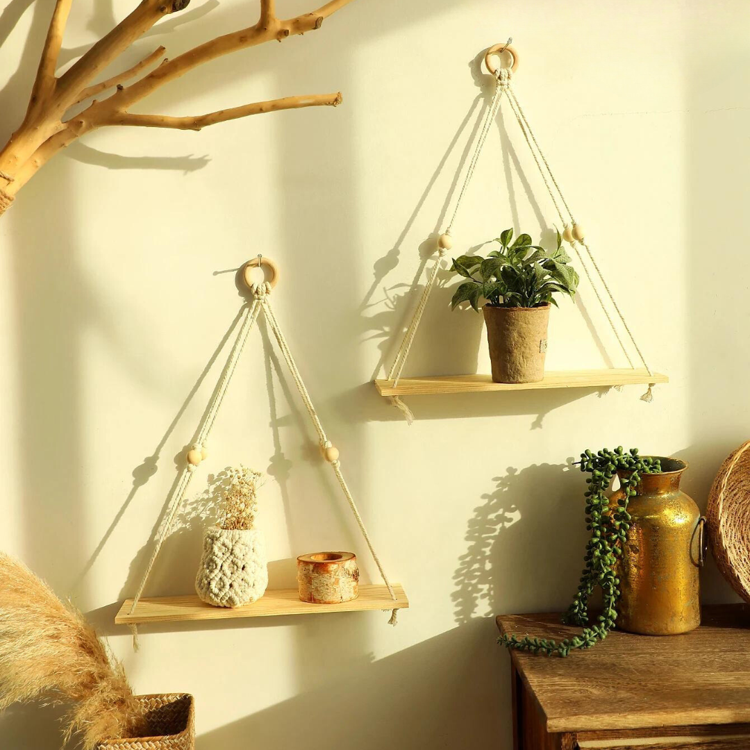 Flydende Væg Hylde i Træ med Macrame - Boho Rustik Design