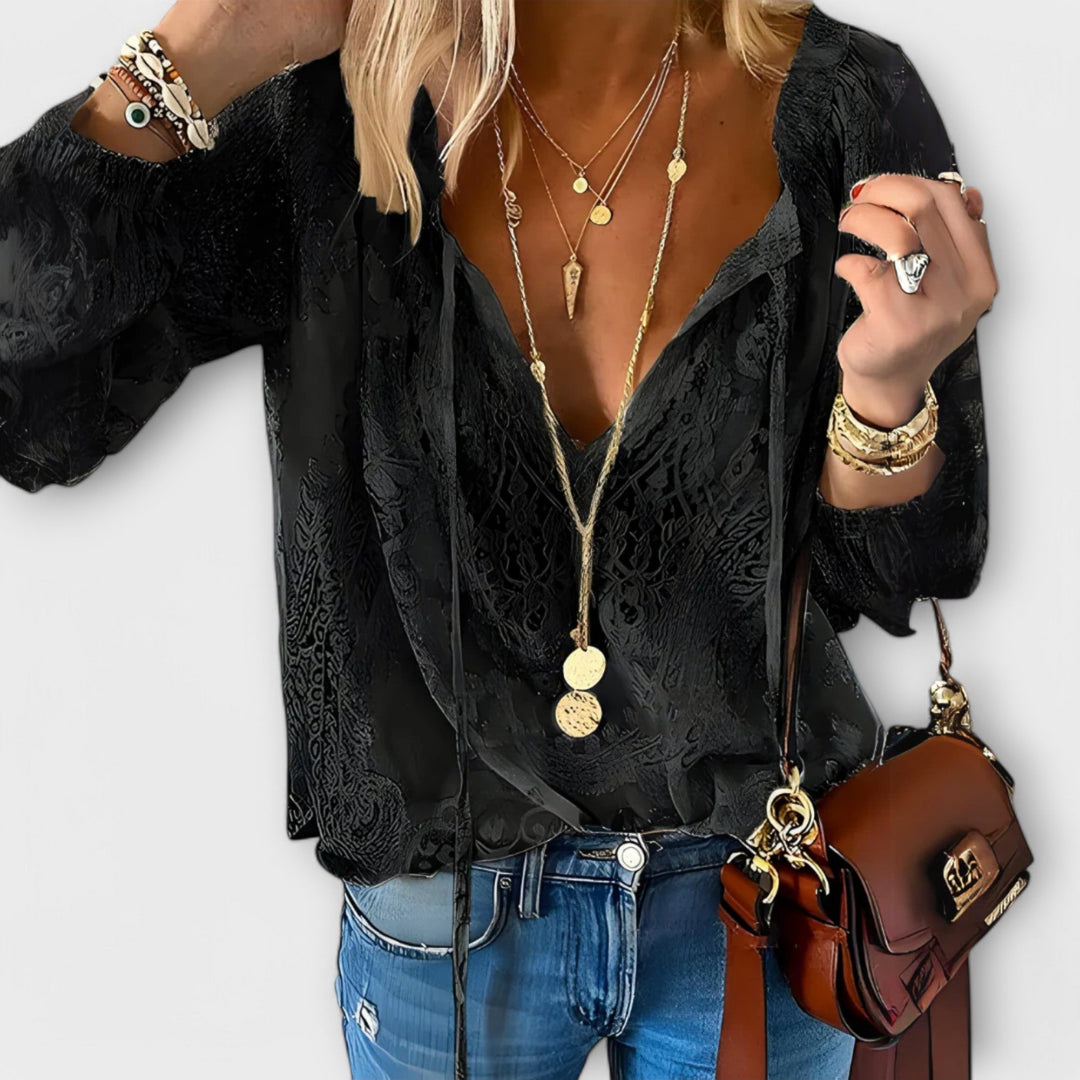 Zeleste | Kvinders Blonde V-Hals Bluse Langærmet Boho Top