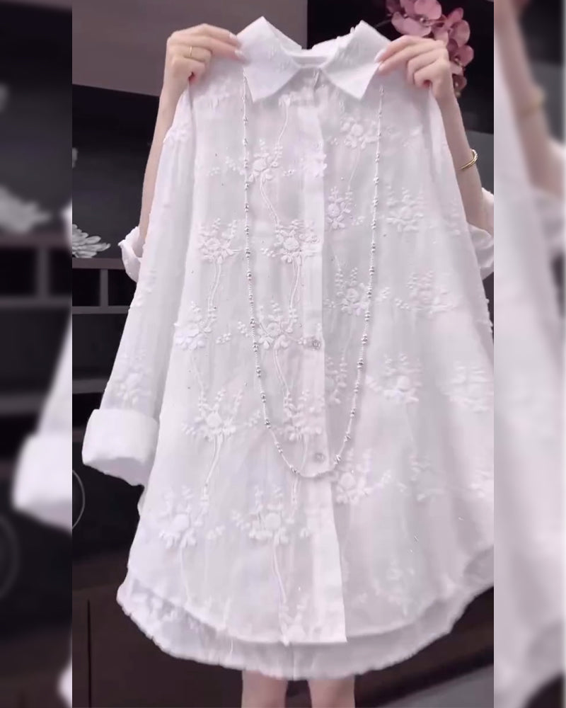 Anneliese™ | Blomstret skjorte med ensfarvet design og dropped shoulders