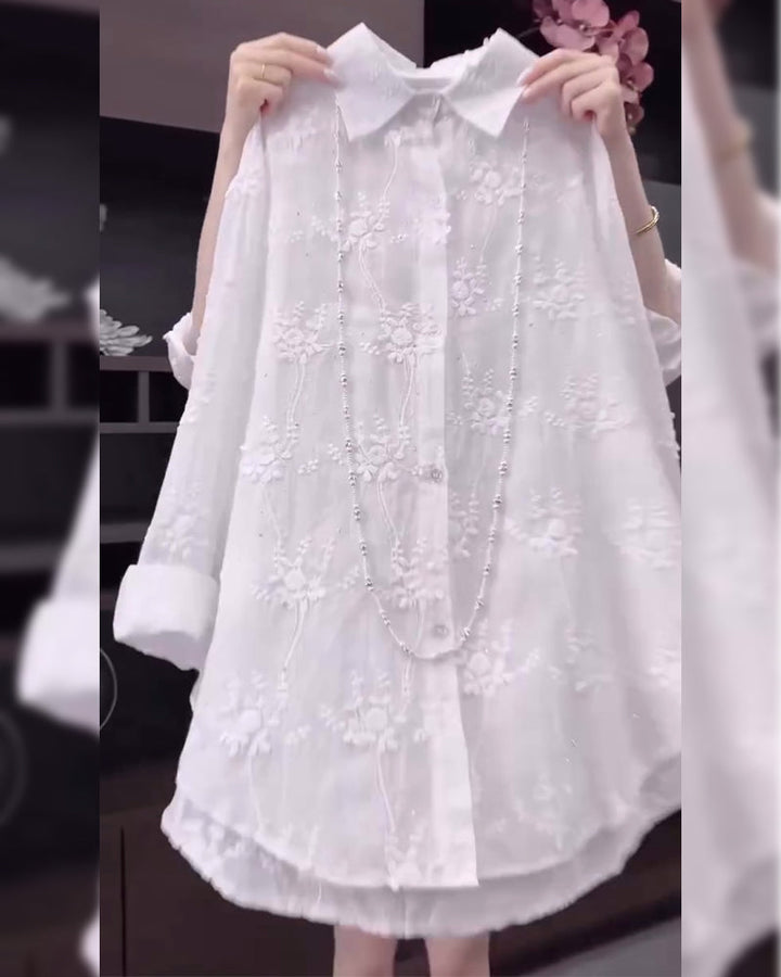 Anneliese™ | Blomstret skjorte med ensfarvet design og dropped shoulders