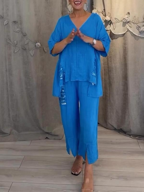 Perle | Kvinders Casual 2-delt Sæt V-Hals Top og Croppede Bukser