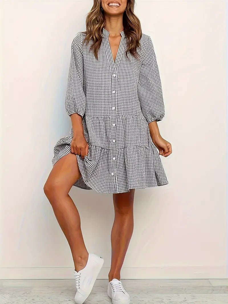 Rosie | Kvinders Gingham Print Knappet Mini Kjole 3/4 Ærmer