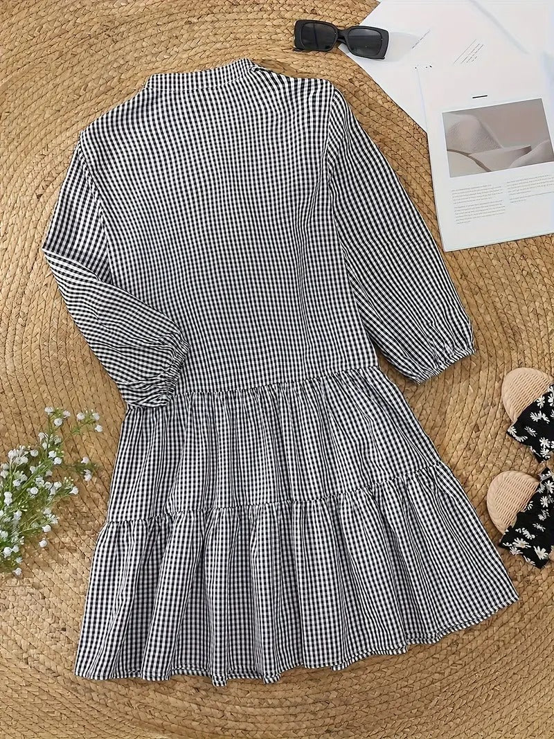 Rosie | Kvinders Gingham Print Knappet Mini Kjole 3/4 Ærmer