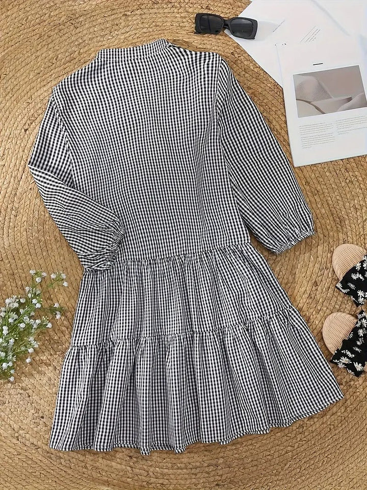 Rosie | Kvinders Gingham Print Knappet Mini Kjole 3/4 Ærmer