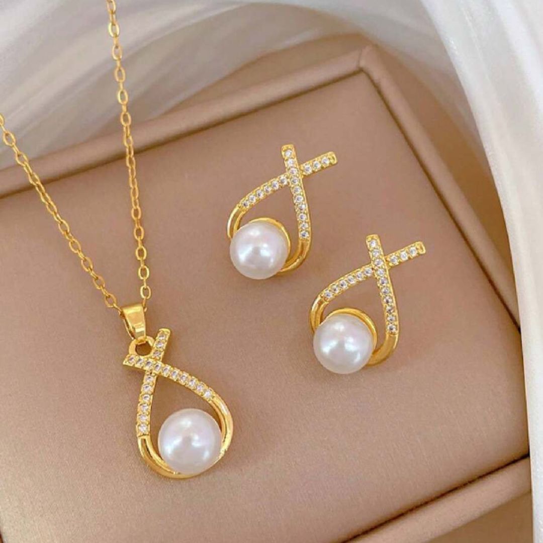 Guldfarvet Smykkesaet med Zirkonia Elegant Halskaede og Oereringe