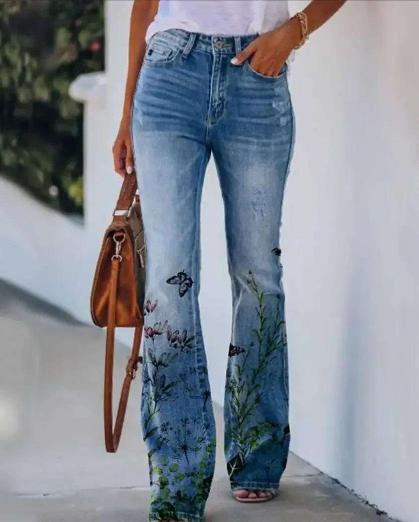 Eng | Kvinders Blomsterprint Høj Talje Flare Jeans