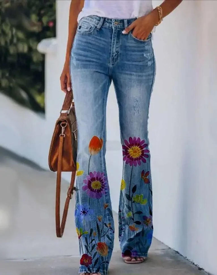 Eng | Kvinders Blomsterprint Høj Talje Flare Jeans