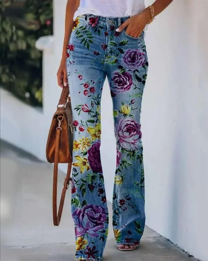 Eng | Kvinders Blomsterprint Høj Talje Flare Jeans
