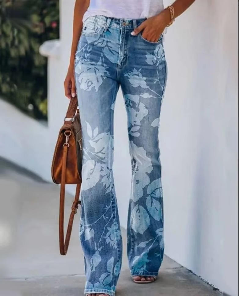 Eng | Kvinders Blomsterprint Høj Talje Flare Jeans