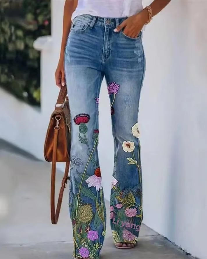 Eng | Kvinders Blomsterprint Høj Talje Flare Jeans