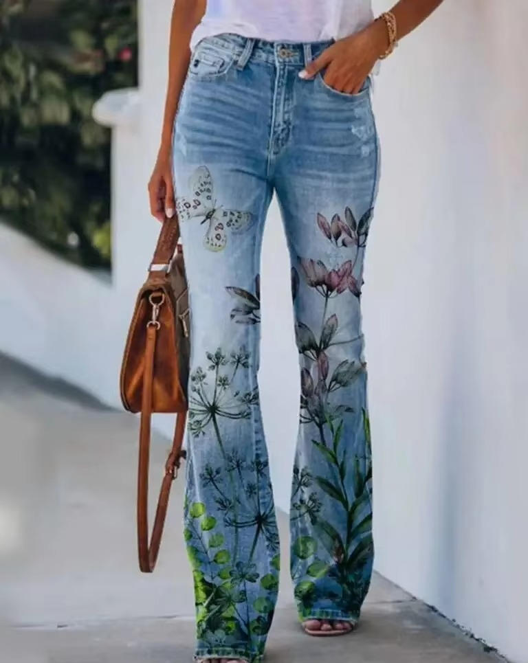 Eng | Kvinders Blomsterprint Høj Talje Flare Jeans