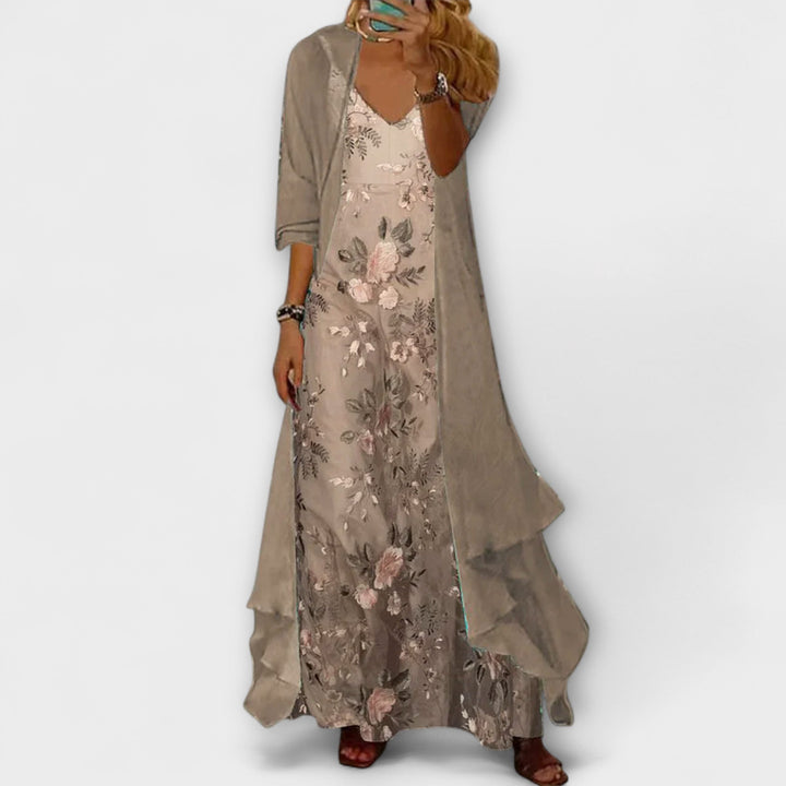 Willow | Kvinders Blomster Maxi Kjole med Lang Cardigan Sæt