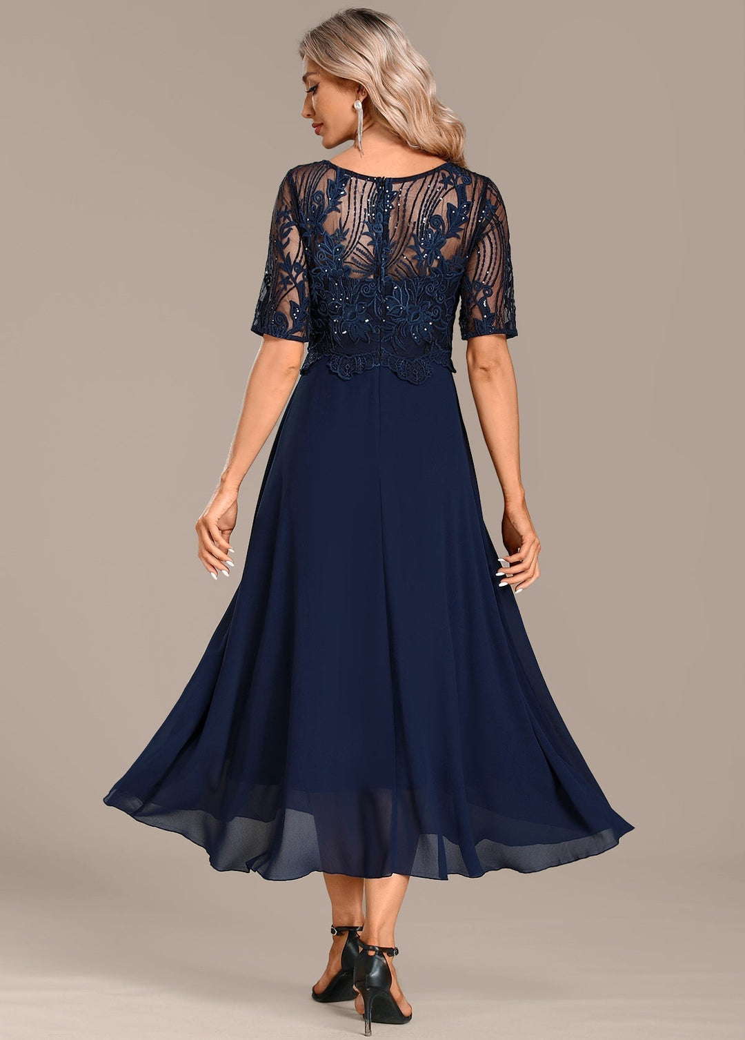 Katherine™ | Navy Blonde Kortærmet Rundhalset Kjole
