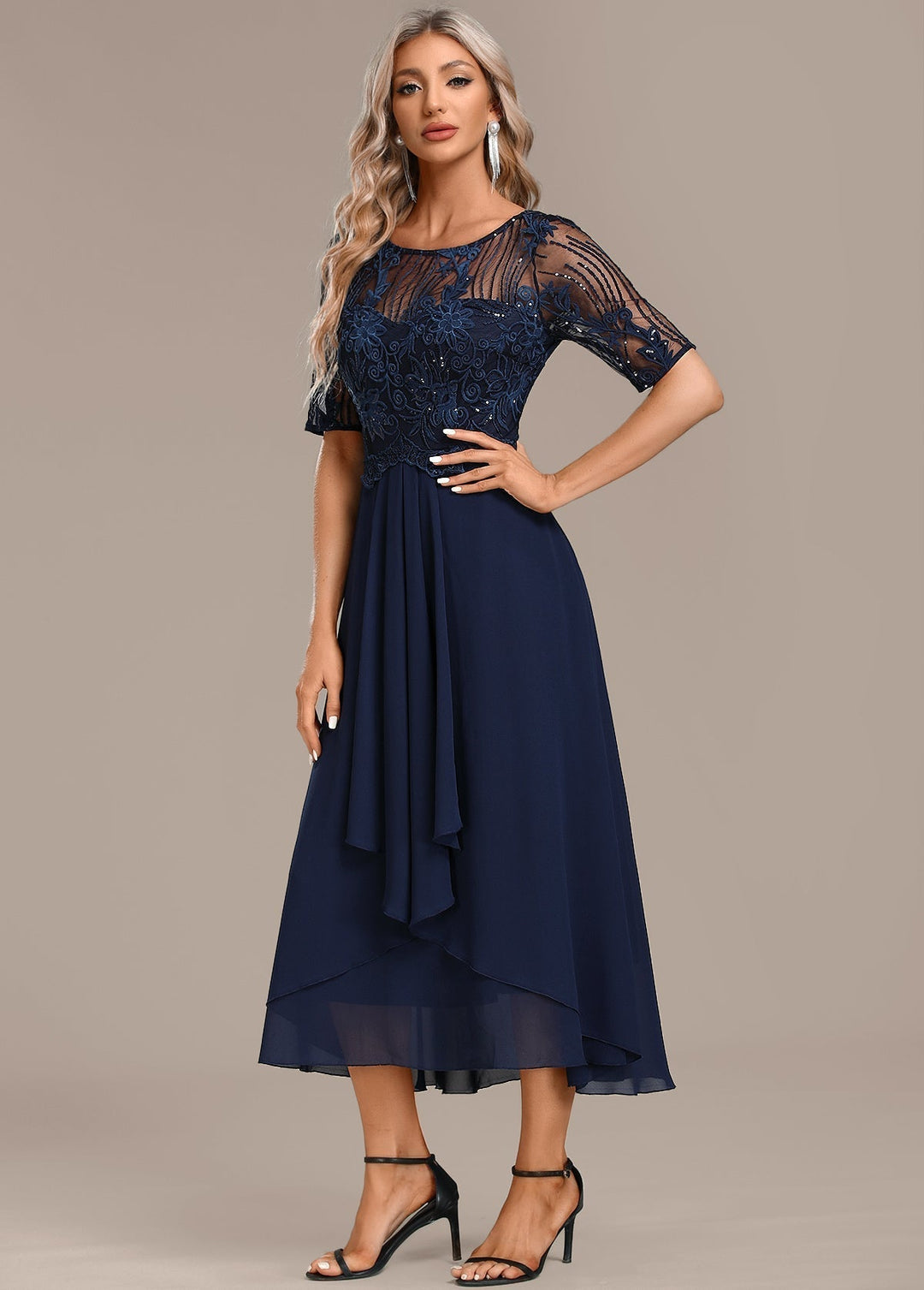 Katherine™ | Navy Blonde Kortærmet Rundhalset Kjole