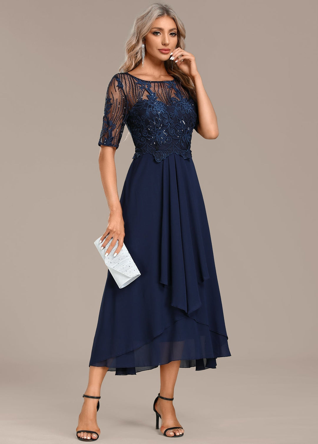Katherine™ | Navy Blonde Kortærmet Rundhalset Kjole