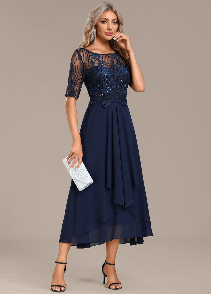 Katherine™ | Navy Blonde Kortærmet Rundhalset Kjole