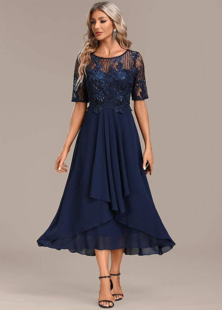 Katherine™ | Navy Blonde Kortærmet Rundhalset Kjole