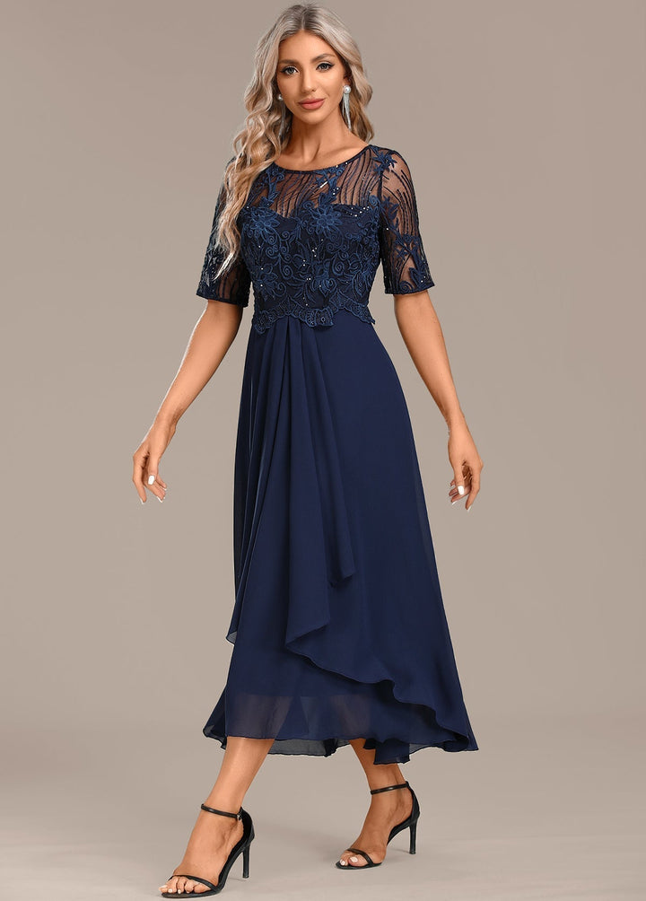 Katherine™ | Navy Blonde Kortærmet Rundhalset Kjole