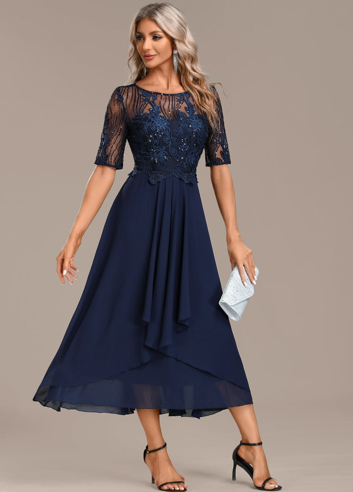 Katherine™ | Navy Blonde Kortærmet Rundhalset Kjole