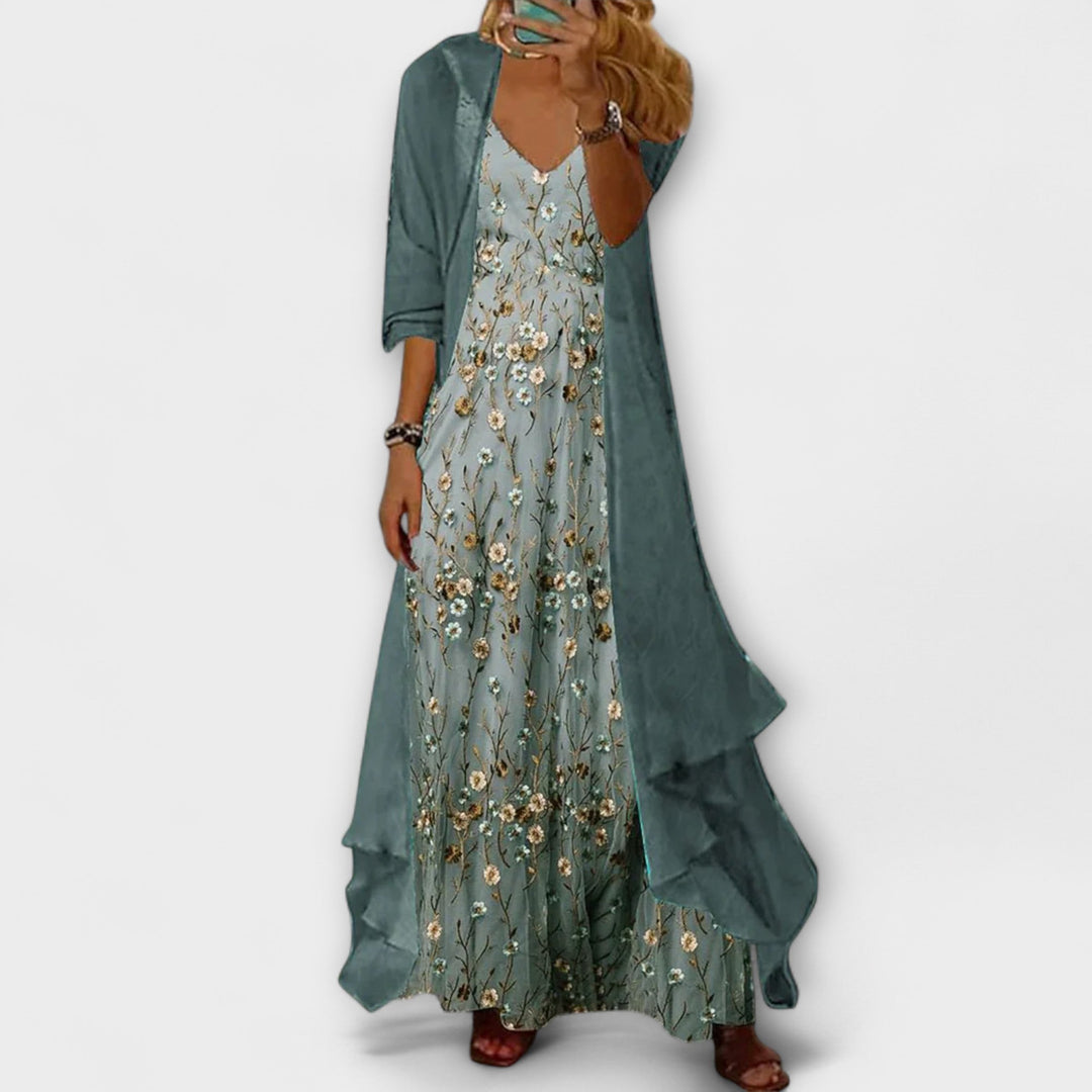 Willow | Kvinders Blomster Maxi Kjole med Lang Cardigan Sæt