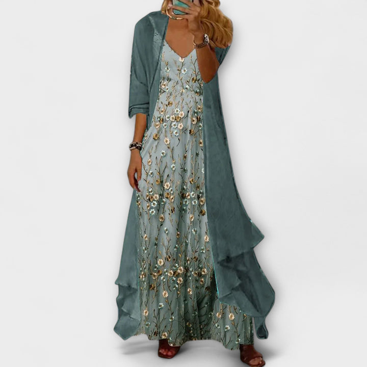 Willow | Kvinders Blomster Maxi Kjole med Lang Cardigan Sæt
