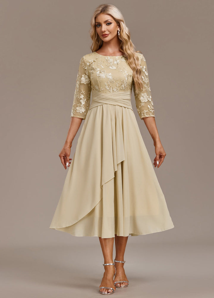 Karla™ | Champagne Floral 3/4 Ærme Rund Halskjole