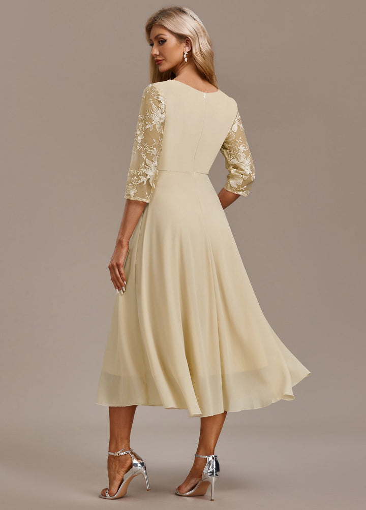 Karla™ | Champagne Floral 3/4 Ærme Rund Halskjole