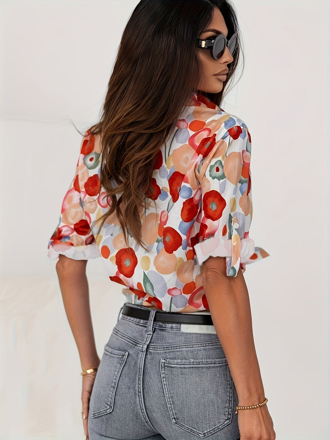 Poppy | Kvinders Blomsterprint Knap-Ned Langærmet Bluse
