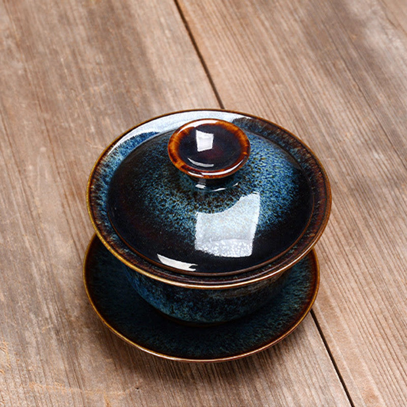Elegant Keramisk Gaiwan Te Sæt med Sancai Glasur