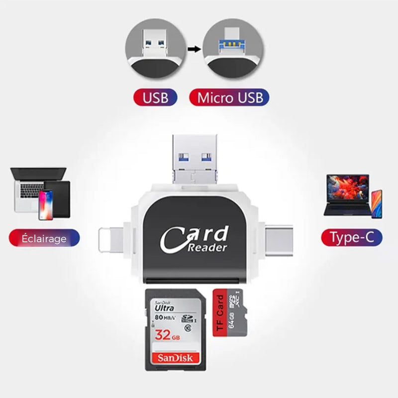 4-i-1 Kortlæser med USB, USB-C, Micro USB og Lightning