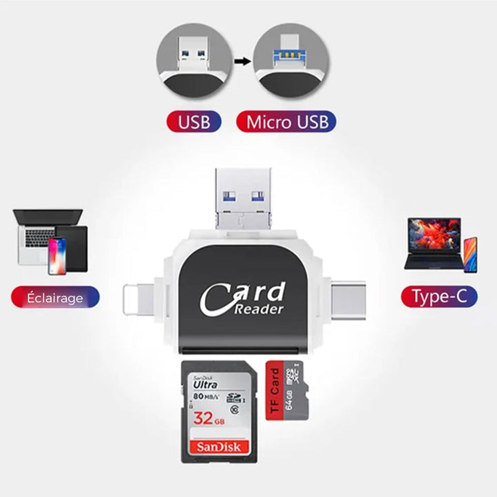 4-i-1 Kortlæser med USB, USB-C, Micro USB og Lightning