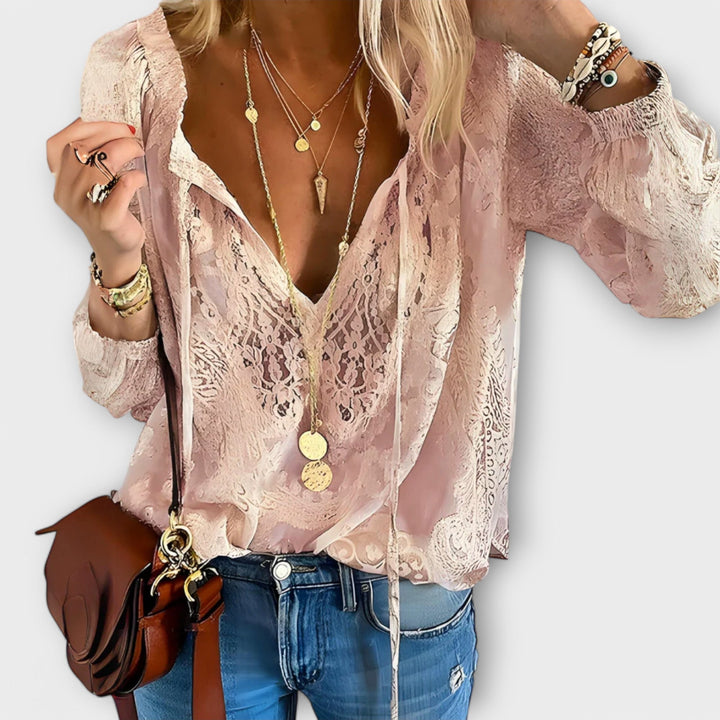 Zeleste | Kvinders Langærmet Boho Top med V-Hals og Blonde