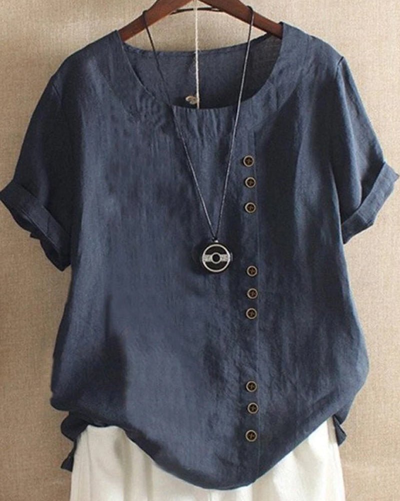 Linned | Kvinders Knap-Front Crew Neck Kortærmet Casual Top