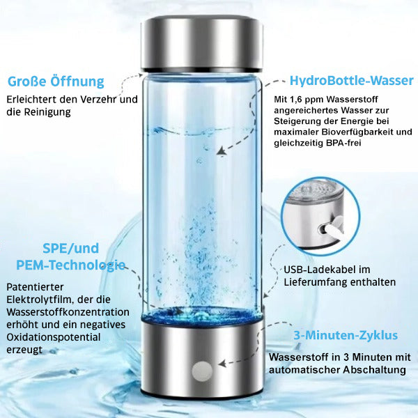 Hydrogen Vandflaske i Glas og Rustfrit Stål med Elektrolyseteknologi
